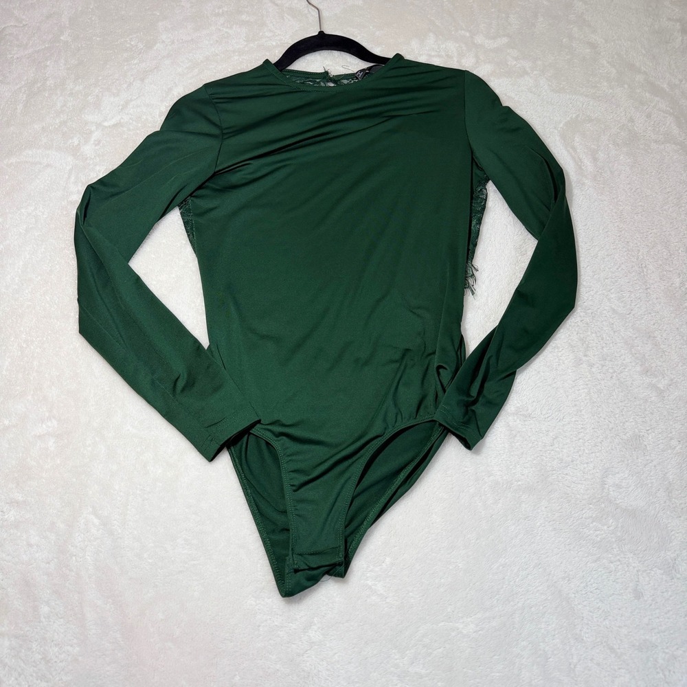 SHEIN Long Sleeve Bodysuit Womens M Dark Green Open Back Lace Coquette Trim